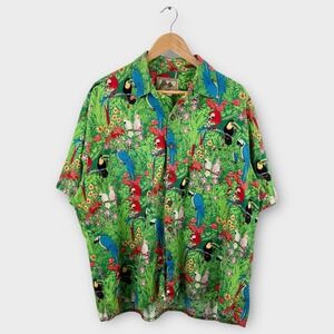 Vintage Parrot Print Hawaiian Shirt Mens XL Tropical Bird Aloha Vacation Shirt